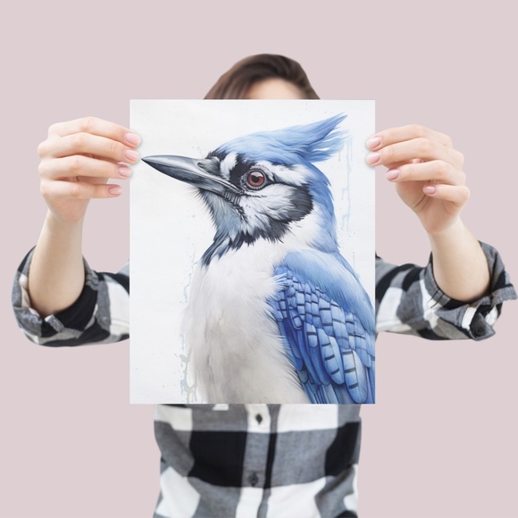 Watercolor Blue Jay Bird Portrait Wall Art Illustration Print Poster Unframed - Picture 4 of 5